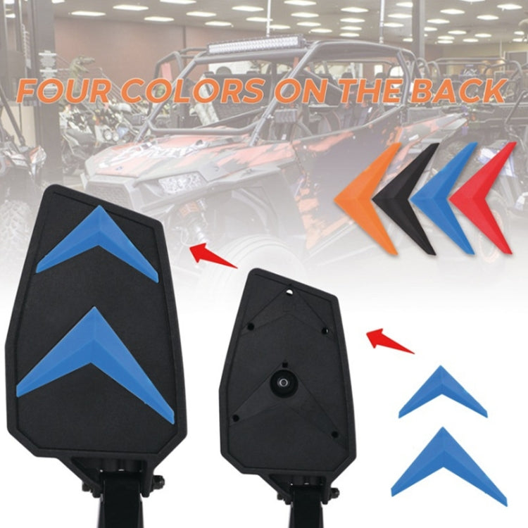 UTV rearview mirror variants with blue arrow inserts on black housings