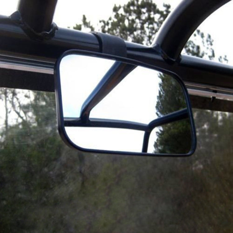 Front side mirror with clear reflective glass and black rectangular housing