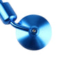 Close-up of blue round reflective motorcycle rearview mirror lens and mount