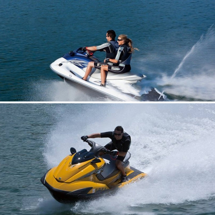 Jet ski riders on open water, rearview mirror not clearly visible