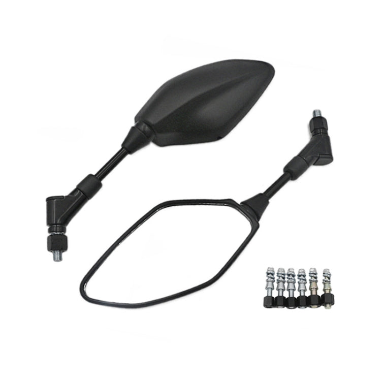 Black motorcycle rearview mirror set with reflective lens and mounting hardware
