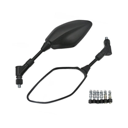Black motorcycle rearview mirror set with reflective lens and mounting hardware
