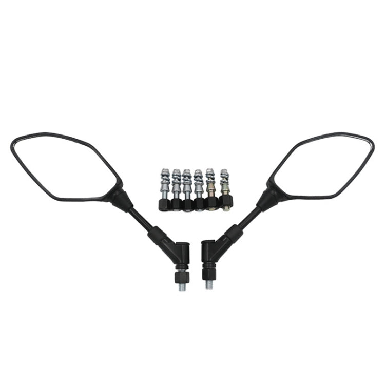 Pair of black motorcycle rearview mirrors with stems and protective hardware caps