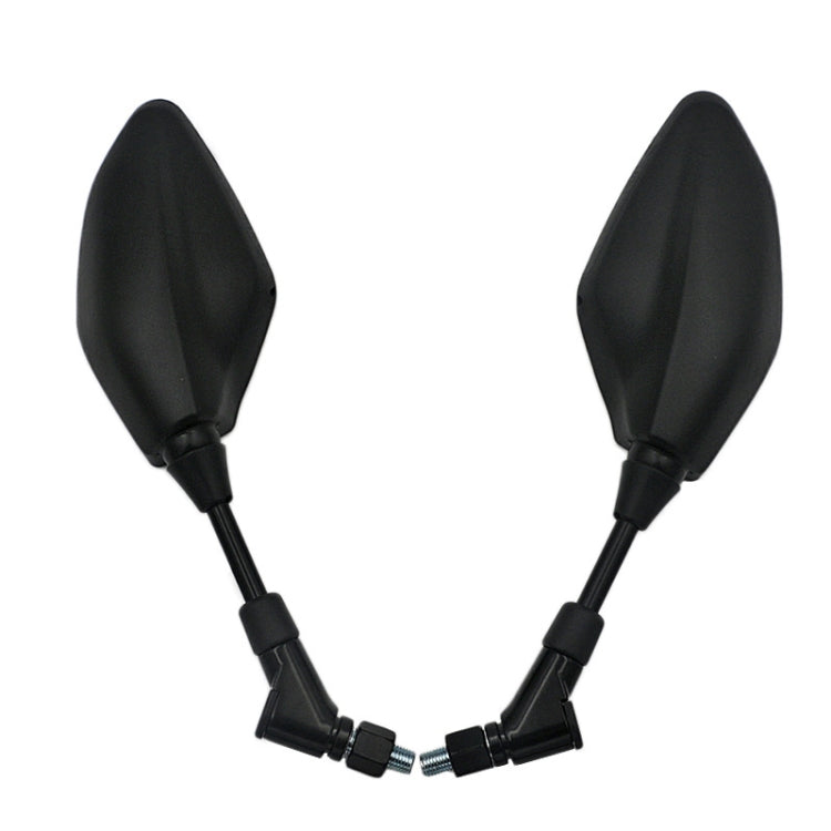 Black motorcycle rearview mirrors with aerodynamic teardrop housings and mounting arms