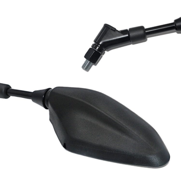 Close-up of black motorcycle rearview mirror housing with threaded mounting post