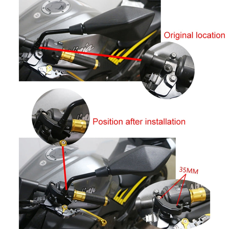 Rearview extension bracket installed on motorcycle near handlebar mount area