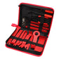 Red 19-piece car audio disassembly tool kit in open zippered case with metal tools