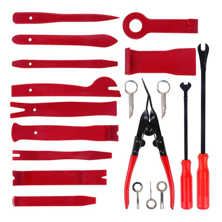 Red and black car interior disassembly tools set with pry blades, clips, and cutters
