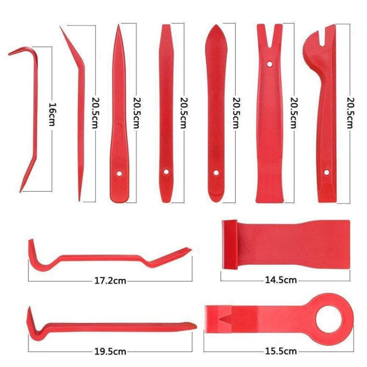 Set of red plastic car trim removal tools with flat and hooked pry tips