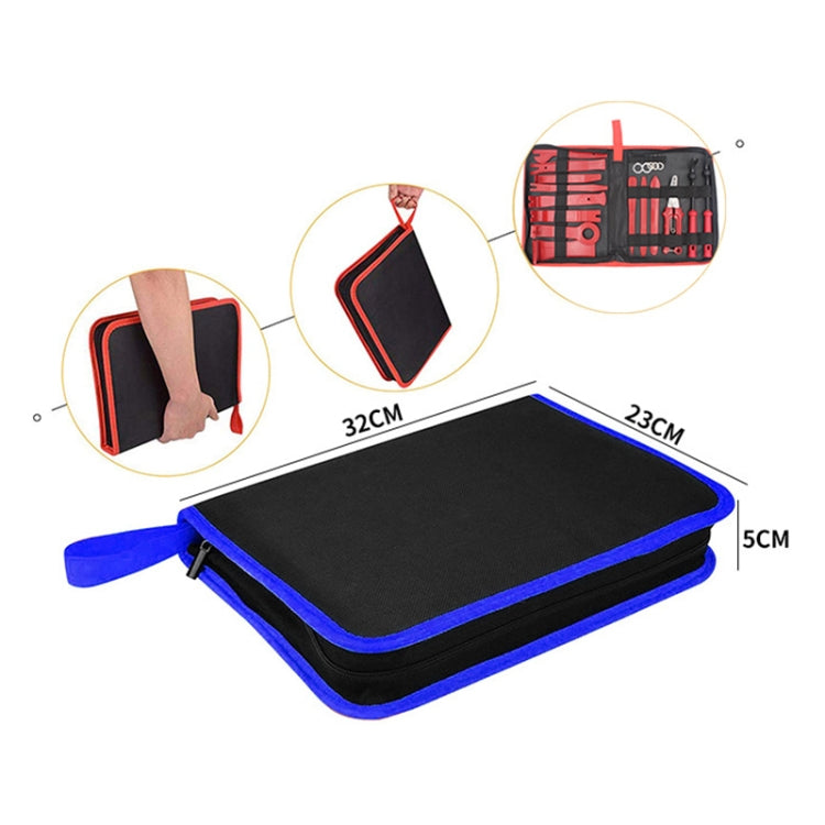 Blue zippered storage case for a car audio disassembly tool kit with handle