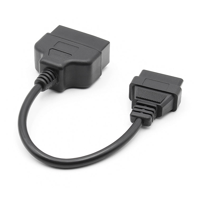 OBD2 conversion cable with molded housings and connector ends, black.