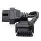 OBD2 adapter cable close-up of 12-pin and 16-pin connectors with audio-style round plug