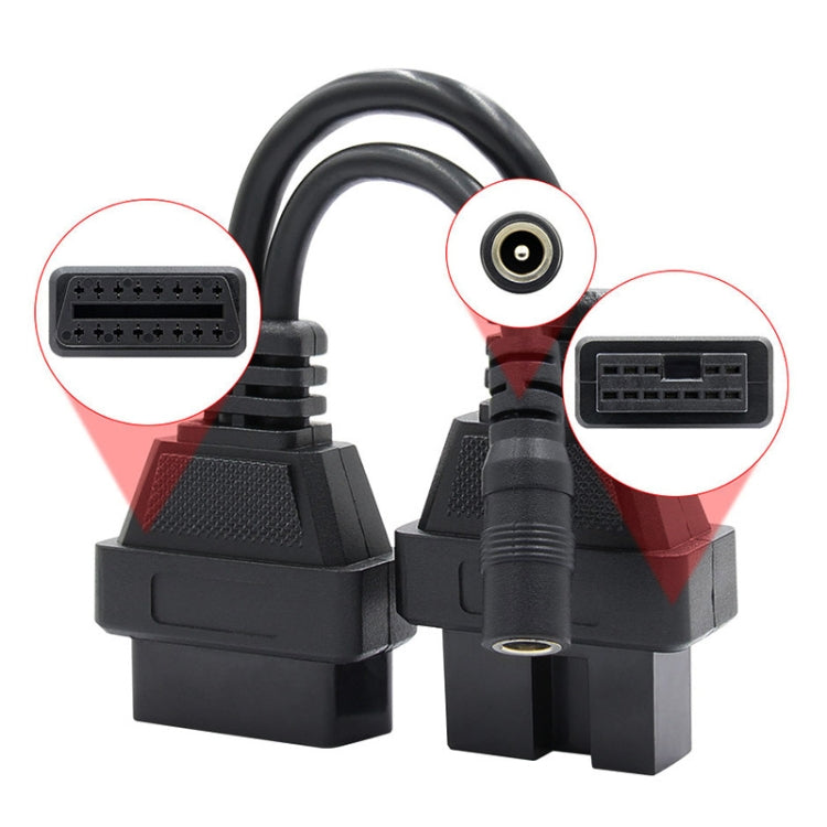 OBD2 conversion cable with highlighted 12-pin and 16-pin connector ends