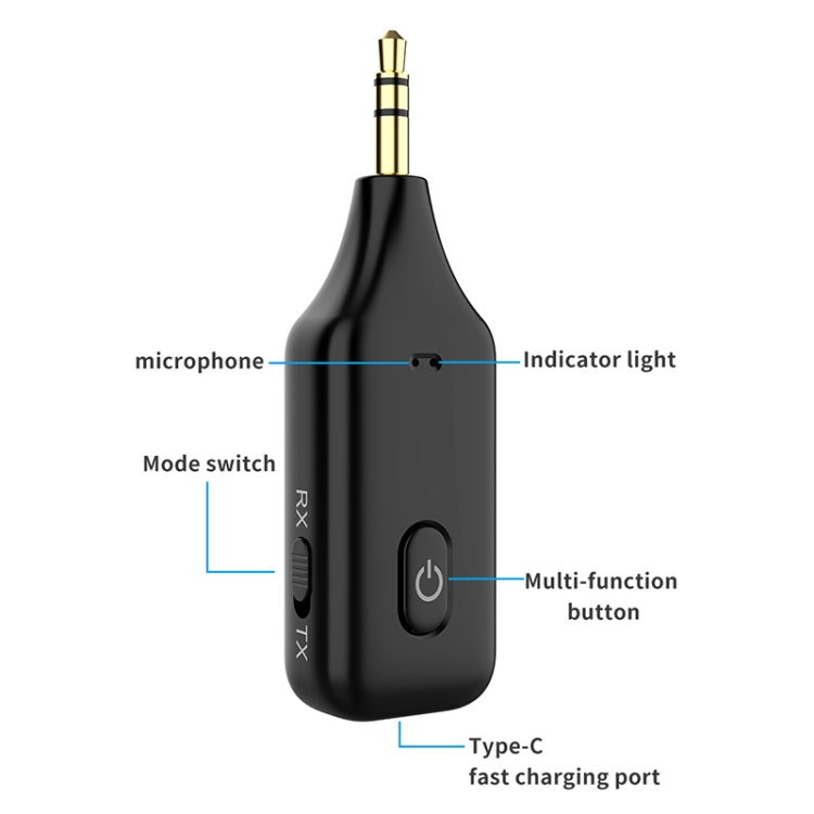 Black Bluetooth car audio receiver with microphone, indicator light, mode switch, button