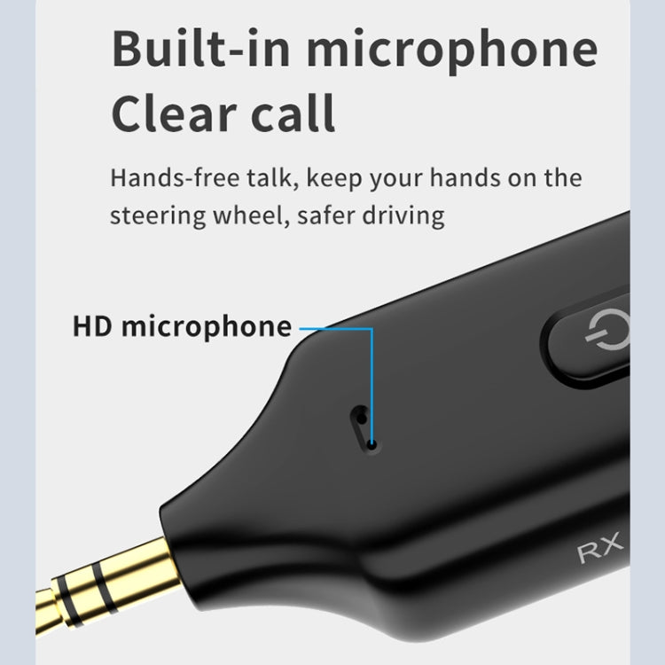 Black Bluetooth transmitter with gold 3.5mm plug and built-in microphone opening