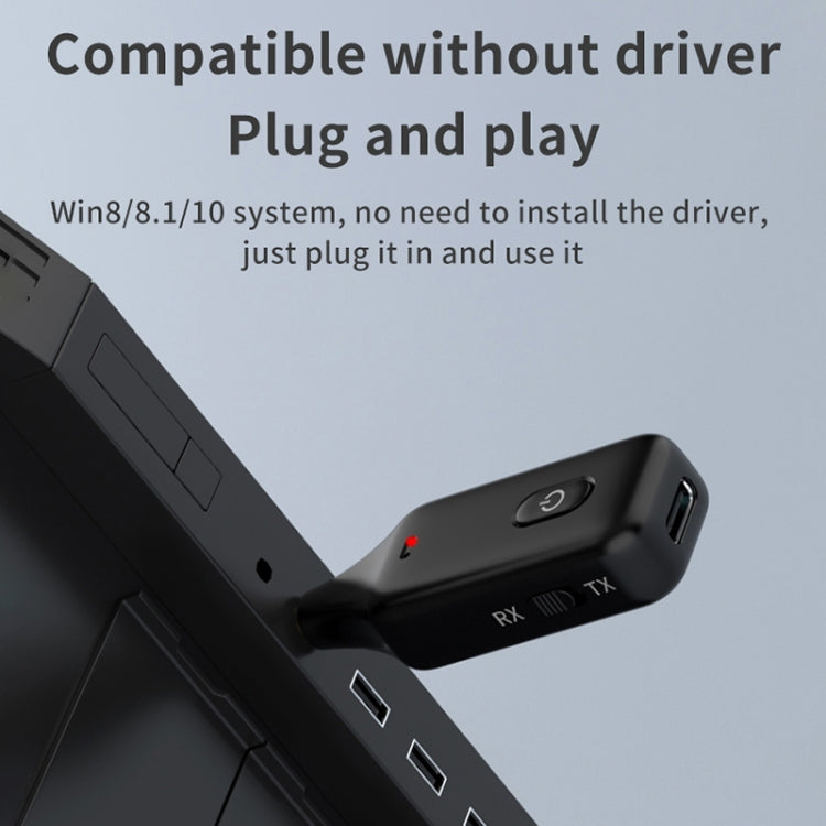 Black Bluetooth receiver/transmitter with Type-C fast charging port and 3.5mm jack