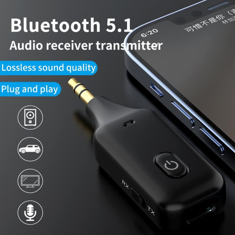Black Bluetooth audio receiver transmitter with power button and side charging port