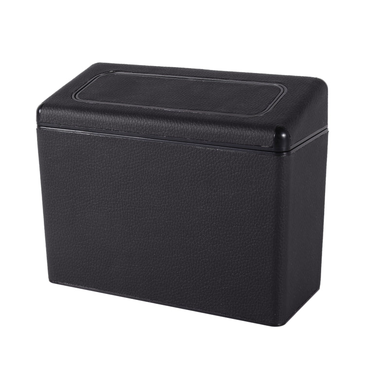 Car interior trash can, black rectangular plastic bin with top handle-style lid