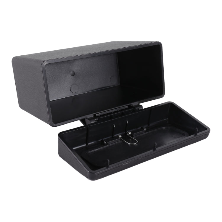 Car interior trash can with lid open, black plastic bin with inner tray
