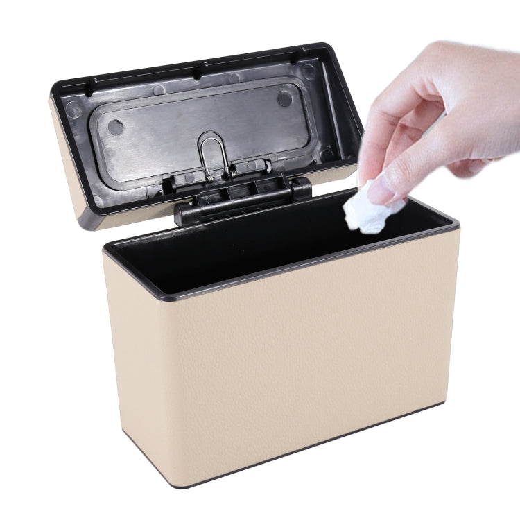 Car interior trash can with hinged lid, beige plastic bin and removable insert
