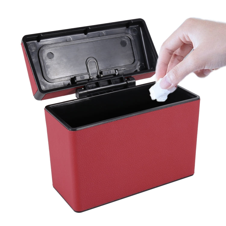 Car interior trash can with hinged lid, red plastic bin and removable waste insert
