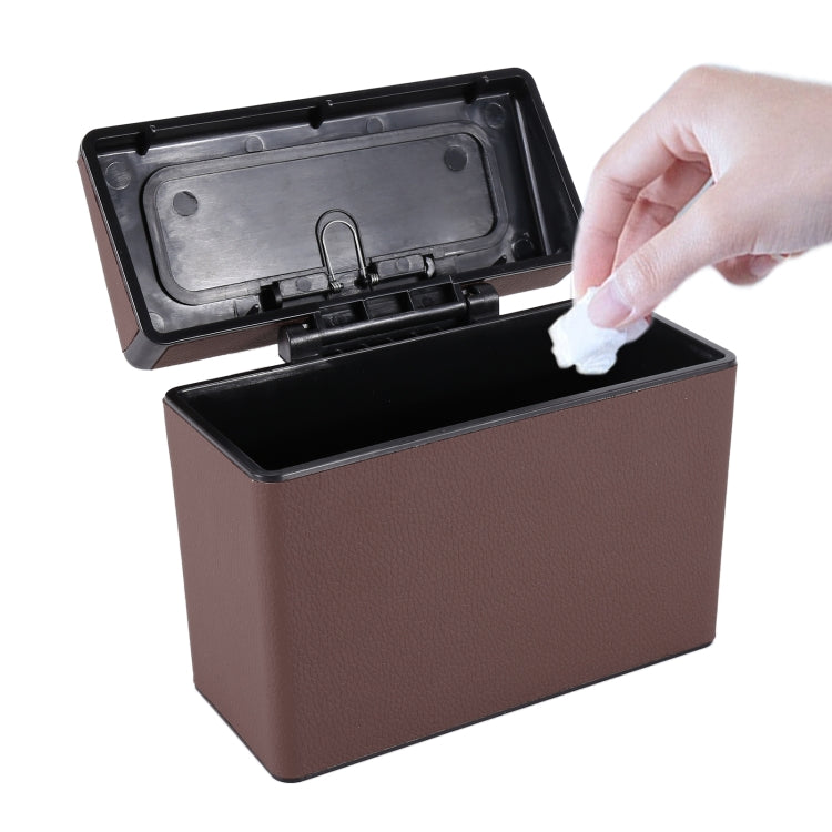 Car interior trash can with hinged lid, brown plastic bin and removable waste insert