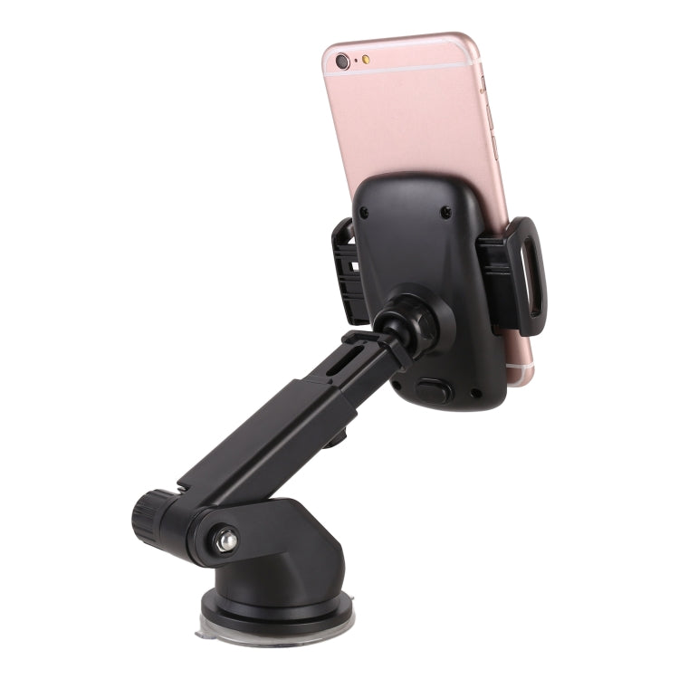Car phone holder with adjustable black cradle and suction base, shown from the side