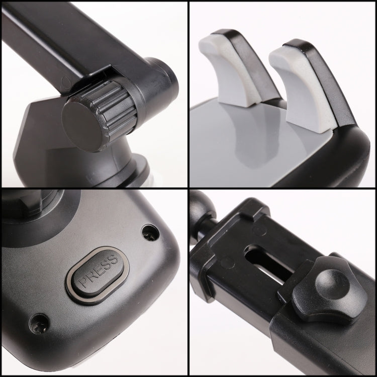 Car phone holder adjustment knob and cradle arms detail, black plastic mount