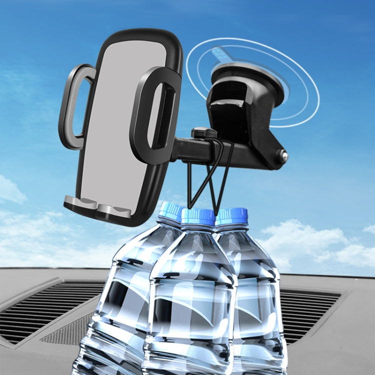 Car dashboard phone holder with black cradle and circular suction base, holding a phone