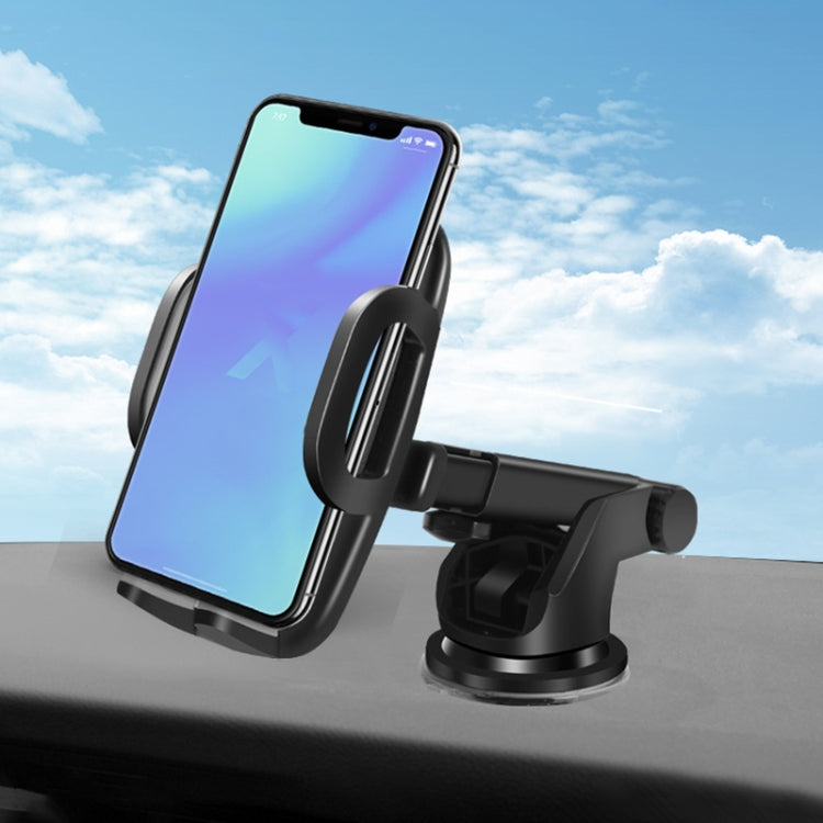 Car dashboard phone holder with adjustable cradle, securing a smartphone on the dash