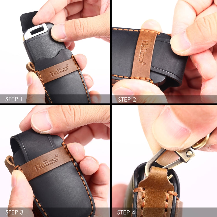 Key fob cover installation steps: fit remote, snap in place, and attach keyring