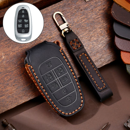 Black cowhide leather key fob protective cover with key ring and stitched edge