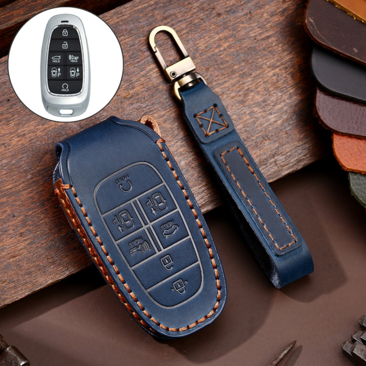 Blue cowhide leather key fob protective cover with key ring and stitched edge