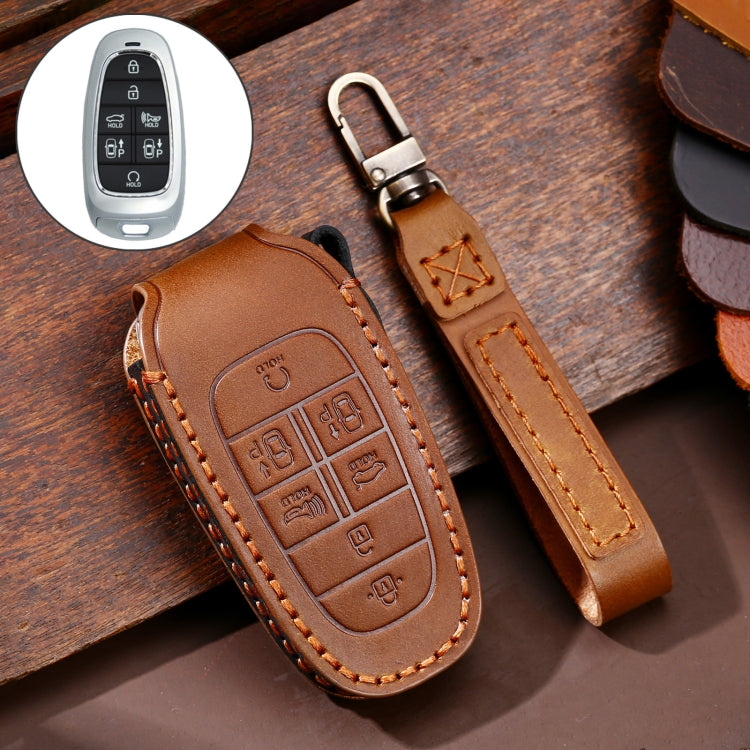 Brown cowhide leather key fob protective cover with key ring and stitched edge