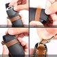 Leather key fob cover installation steps showing key inserted and strap fastened