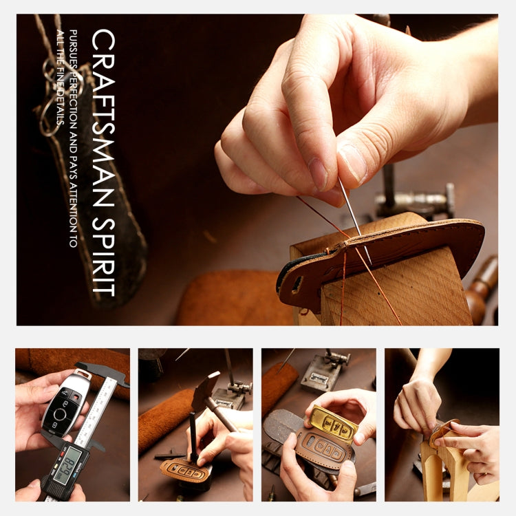 Leather key cover crafting montage with hands stitching and final key case