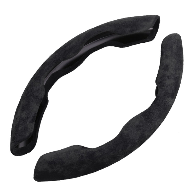 Black suede universal steering wheel cover in a standalone loop