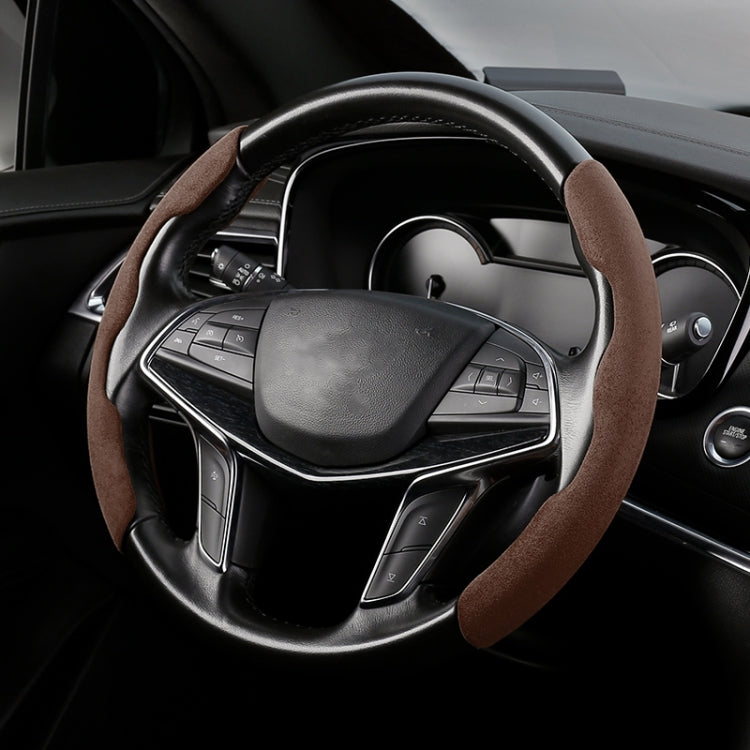 Coffee brown suede universal steering wheel cover fitted on a car’s wheel