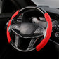 Red suede universal steering wheel cover fitted on a car’s wheel