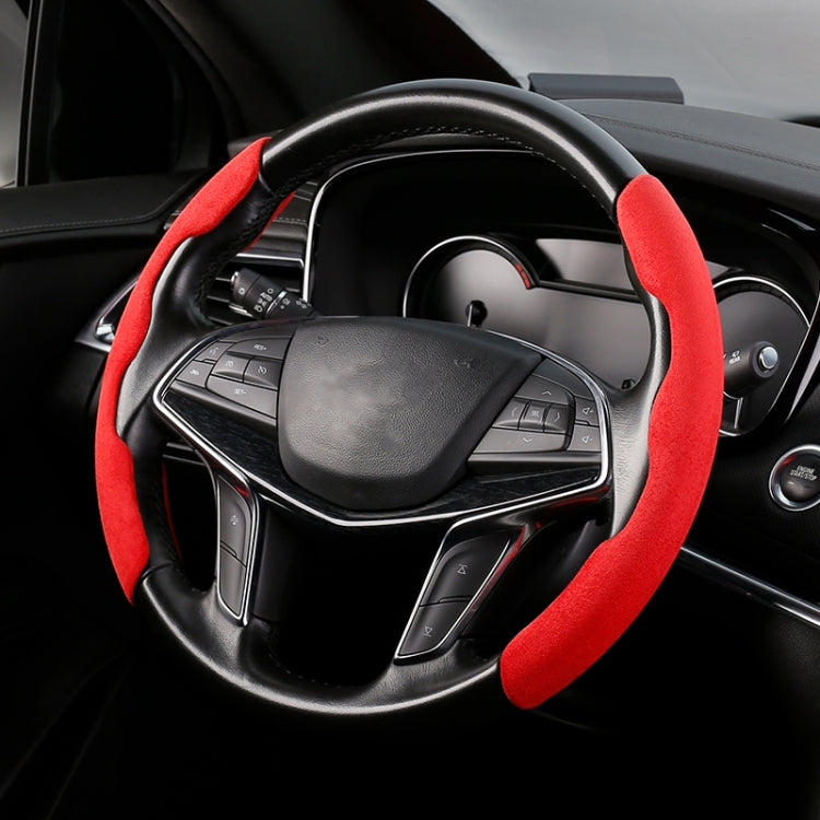 Red suede universal steering wheel cover fitted on a car’s wheel