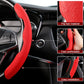 Red suede universal steering wheel cover, close-up texture and fit