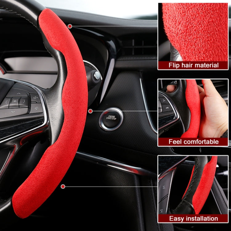 Red suede universal steering wheel cover, close-up texture and fit