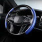 Blue carbon-fiber texture steering wheel cover with stitched grip, universal fit.