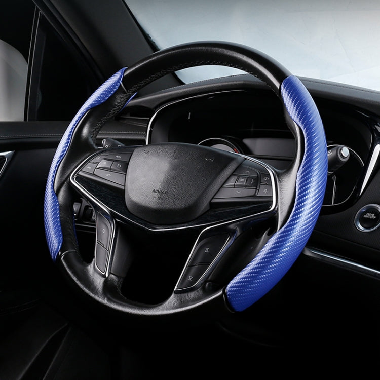 Blue carbon-fiber texture steering wheel cover with stitched grip, universal fit.
