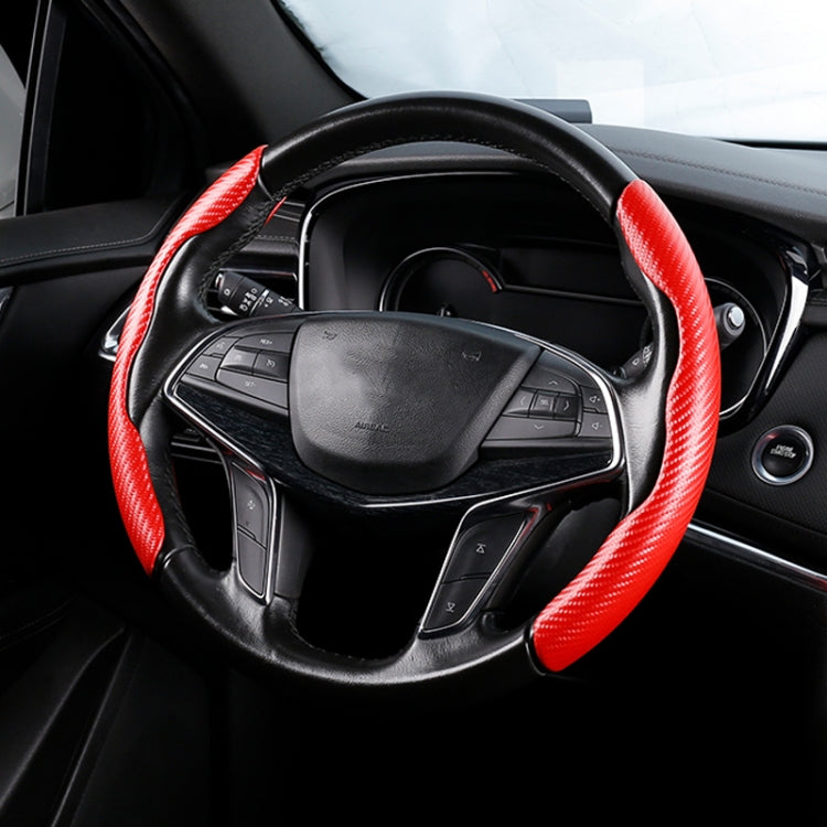 Red carbon-fiber texture steering wheel cover, stitched grip, universal fit.
