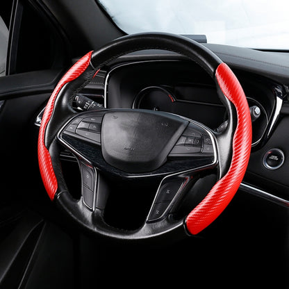 Red carbon-fiber texture steering wheel cover, stitched grip, universal fit.