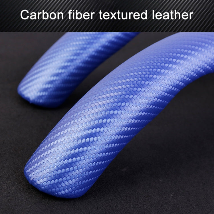 Blue carbon-fiber textured leather steering wheel cover grip, close-up.
