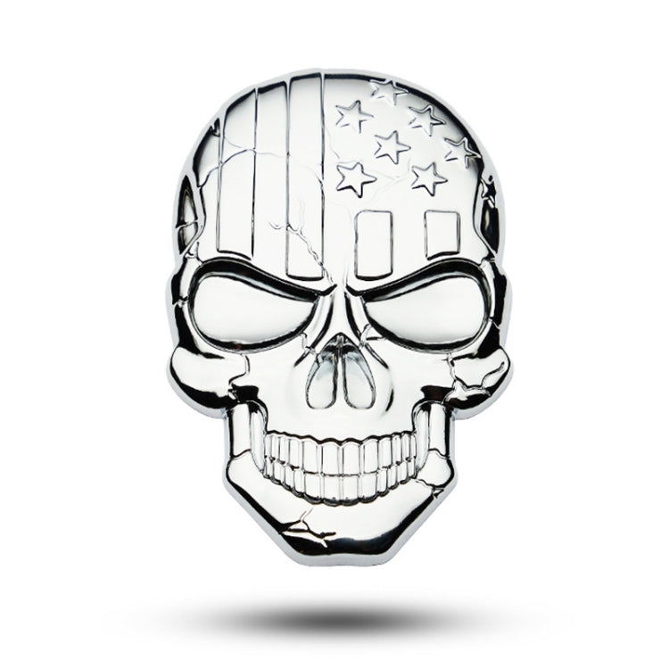 Metal devil skull car sticker in silver and black with raised sunglasses and star accents