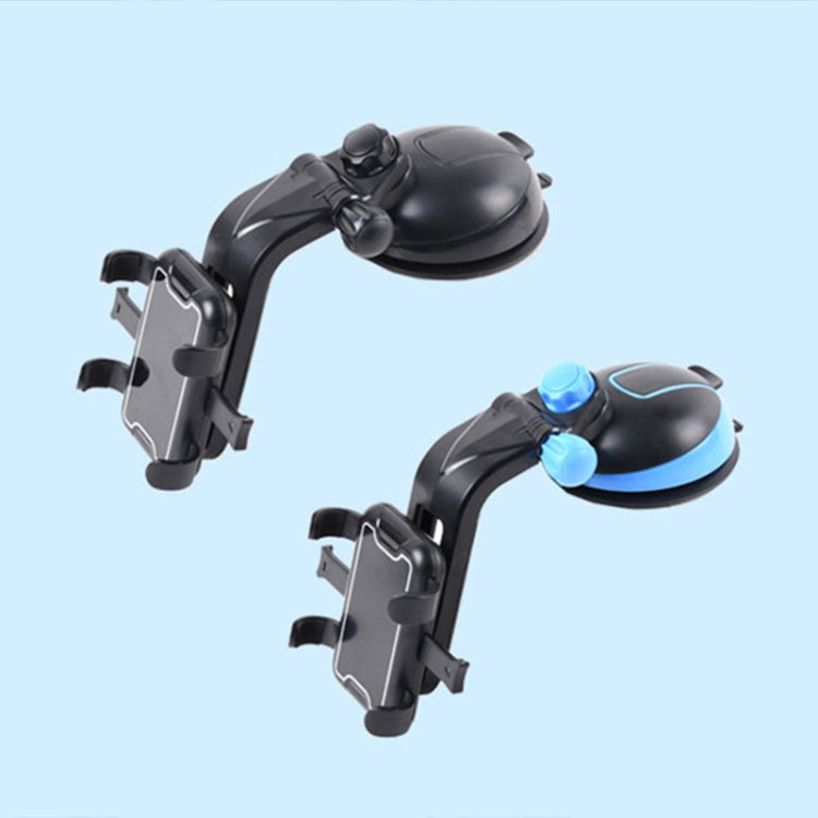 Black car phone suction holder with clamp cradle and rotating suction base, angled views