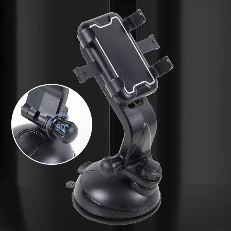 Black car phone holder with suction base and spring clamp cradle, close-up view
